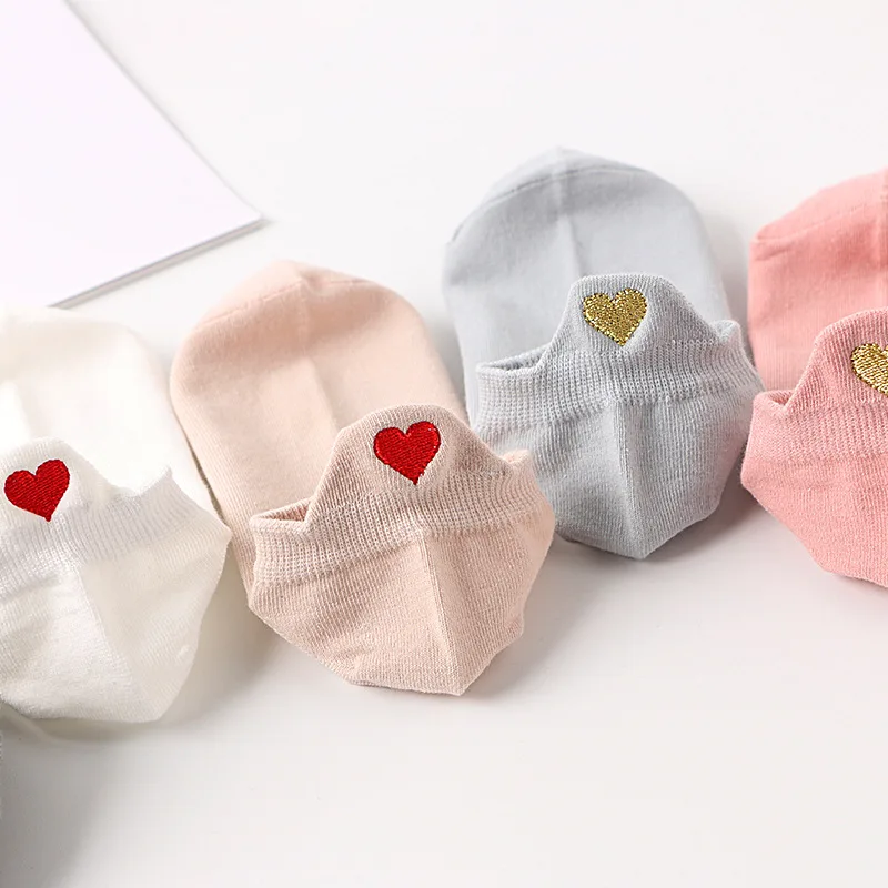 Love Heart-Calcetines de algodón puro para mujer, calcetín bordado con tacón, estilo Harajuku japonés, transpirable, absorbente de sudor, Invisible