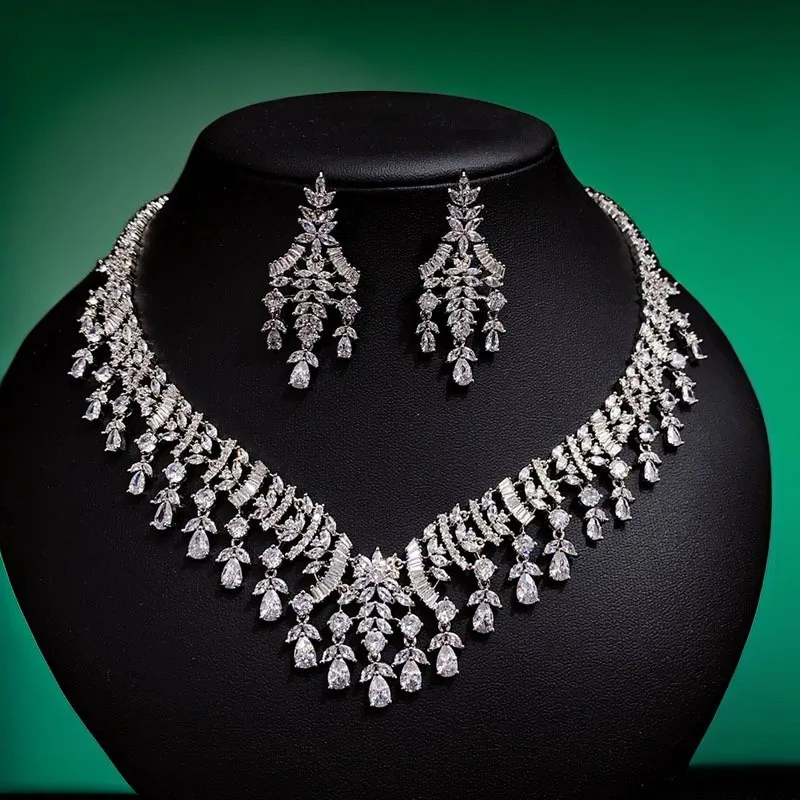 

Luxury Bridal Wedding Jewelry Sets AAA CZ Zirconia Classic Design Women 2pc Necklace Earrings Set Engagement Anniversary Gift