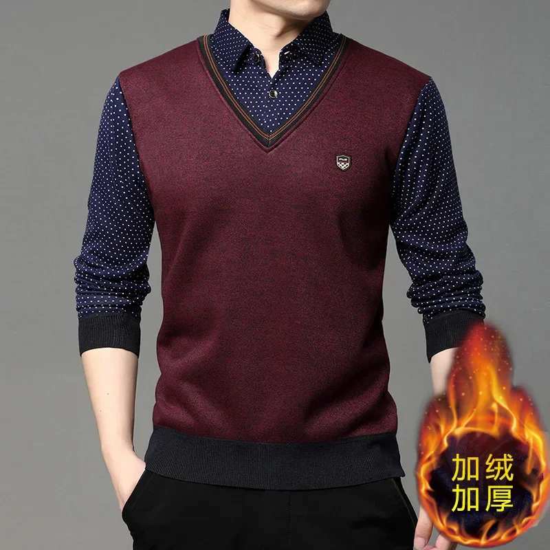Mens Long Sleeve Fleece Lined Fake Two In One Knit Shirts Polka Dot Shirt Collar V Neck Relaxed Fit Warm Tops