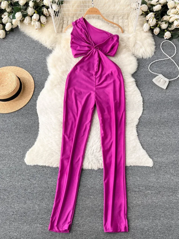 Foamlina Women Sexy One Shoulder Jumpsuits Summer New Sleeveless Hollow Out Waist Slim Stretch Full Length Pencil Pants Rompers