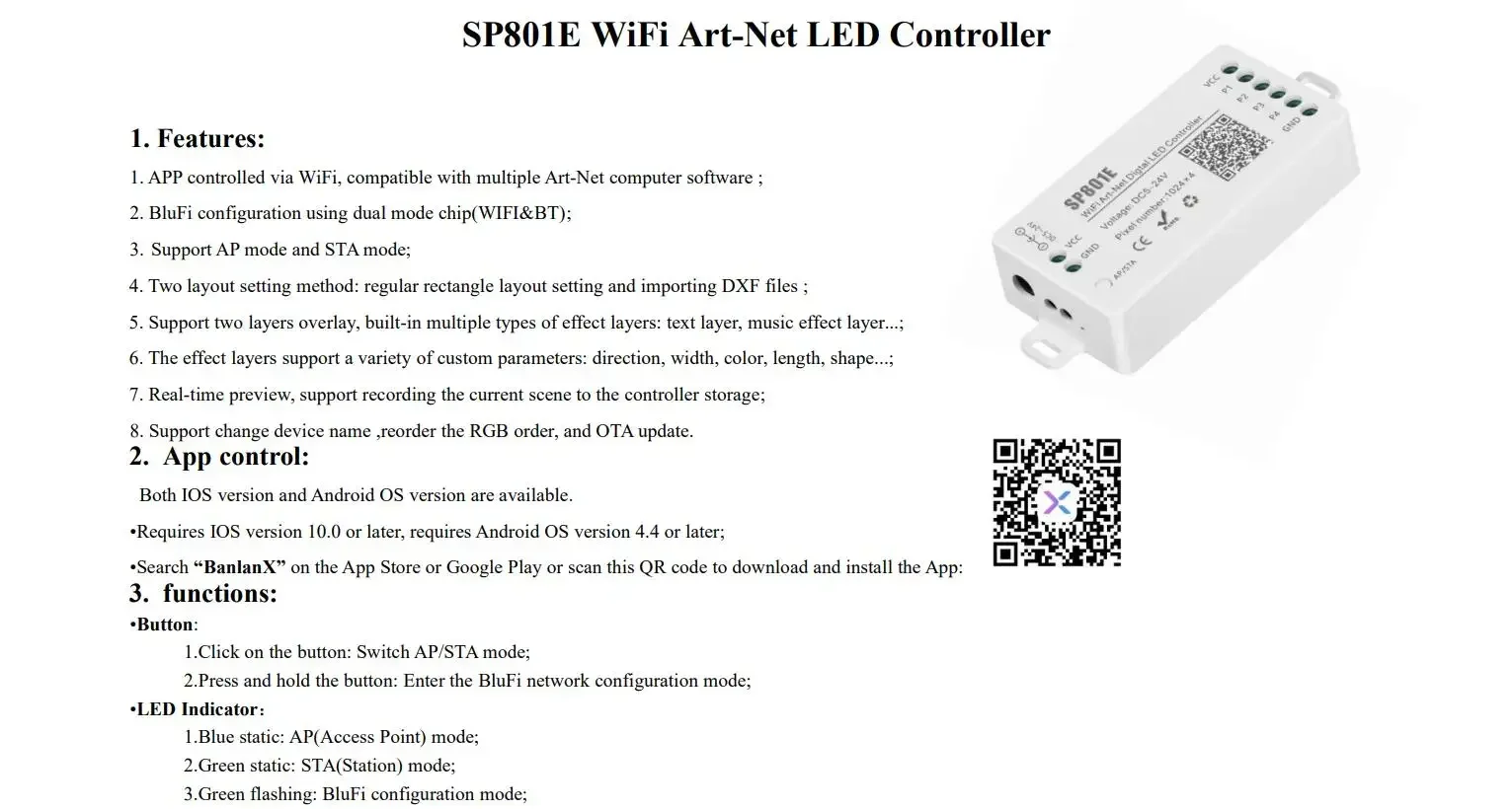 SP801E WiFi Art-Net LED Controlador para Módulo de Painel Matriz LED, Faixa de Luz Via Controle App, Modo AP, Modo STA, DC5V-24V