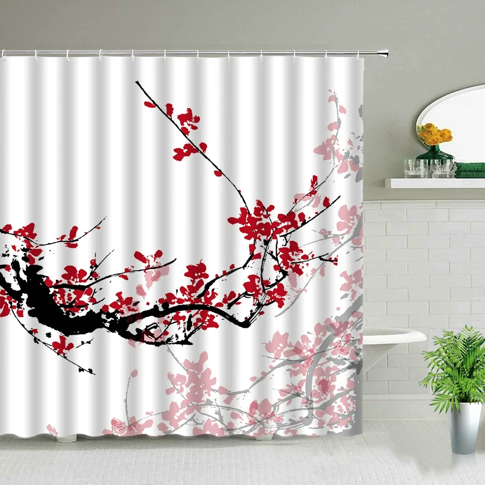 Modern Scenery Print Shower Curtains Pink Purple Flowers Trees Chinese Style Floral Bathroom Curtain Waterproof Fabric With Hook