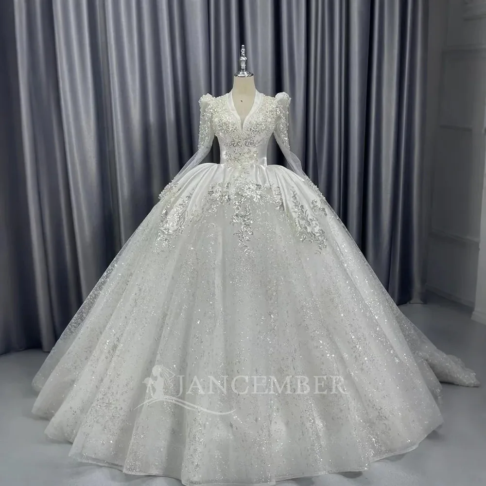 

Glitter Beads Wedding Dresses For Woman Ball Gown V-neck Princess Sequined Formal Bridal Gowns Customized vestidos de novia boda