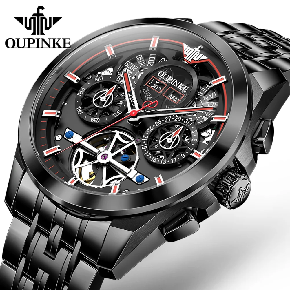 OUPINKE Luxury Men Tourbillon Multifunctional Design Mens Watches Top Brand Waterproof Casual Steel Automatic Mechanical Watch