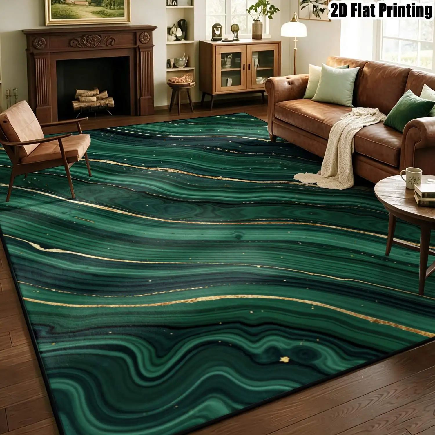 1Pc 2D Printed Dark Green Gold Wave Texture Carpet: Modern Minimalist, Instagram/Nordic Style, Multi-Size, Machine Washable, Ideal for Home Decor & Various Mats