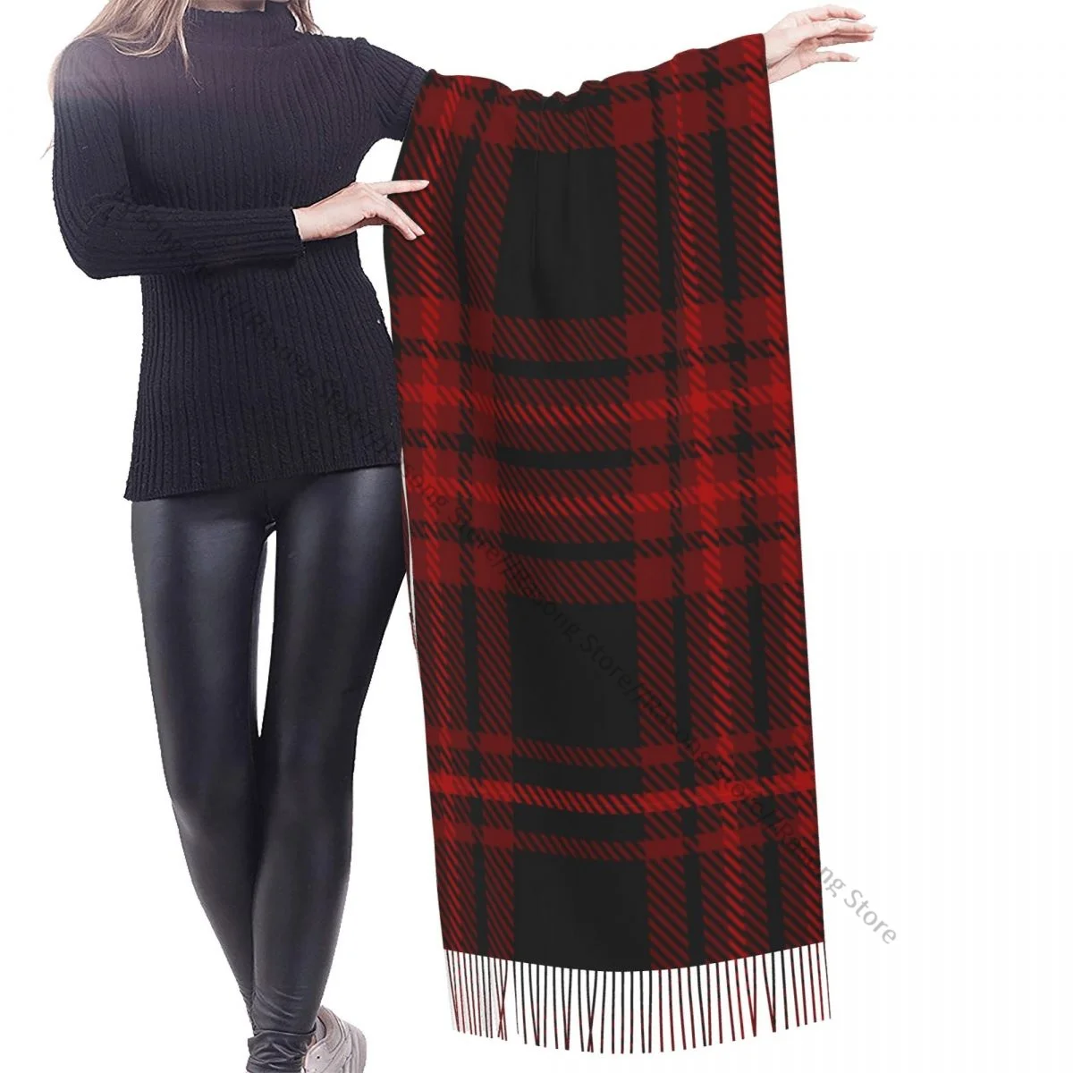 Bufanda con borlas grande 196*68cm Pashmina invierno cálido chal Bufanda femenina Borgoña y negro bufandas de Cachemira a cuadros