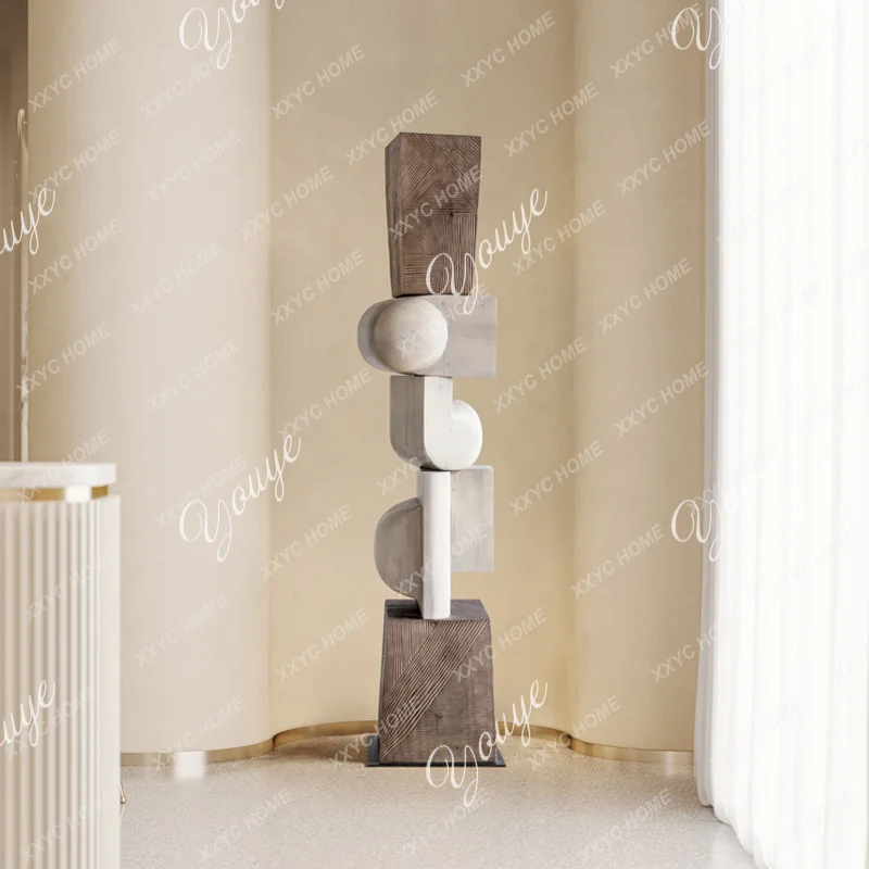 

Hotel entrance wood carving ornament floor-to-ceiling large abstract sculpture artwork staircase decoration