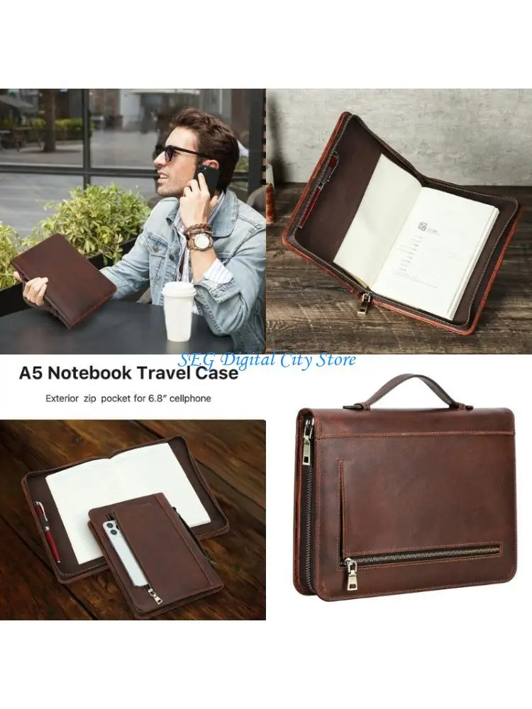 U75B Planner Cover Case for Daily Writing with Brown Leather Exterior, Wraparound Closure, Front Compartment, Pen Loop and Carry