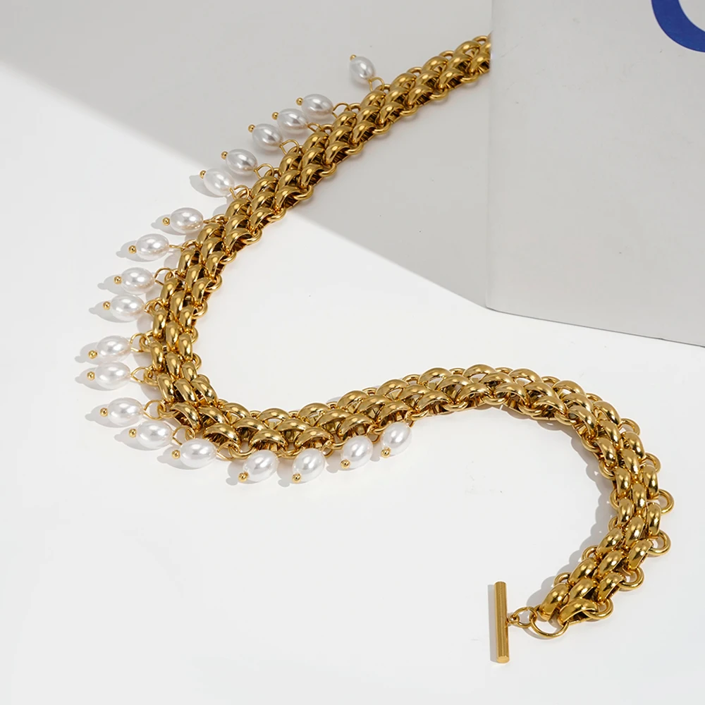 ENFASHION Para Mujer OT Buckle Geometry Oval Pearl Chain Necklace For Women's 18K Plated Gold Stainless steel Jewelry P233412