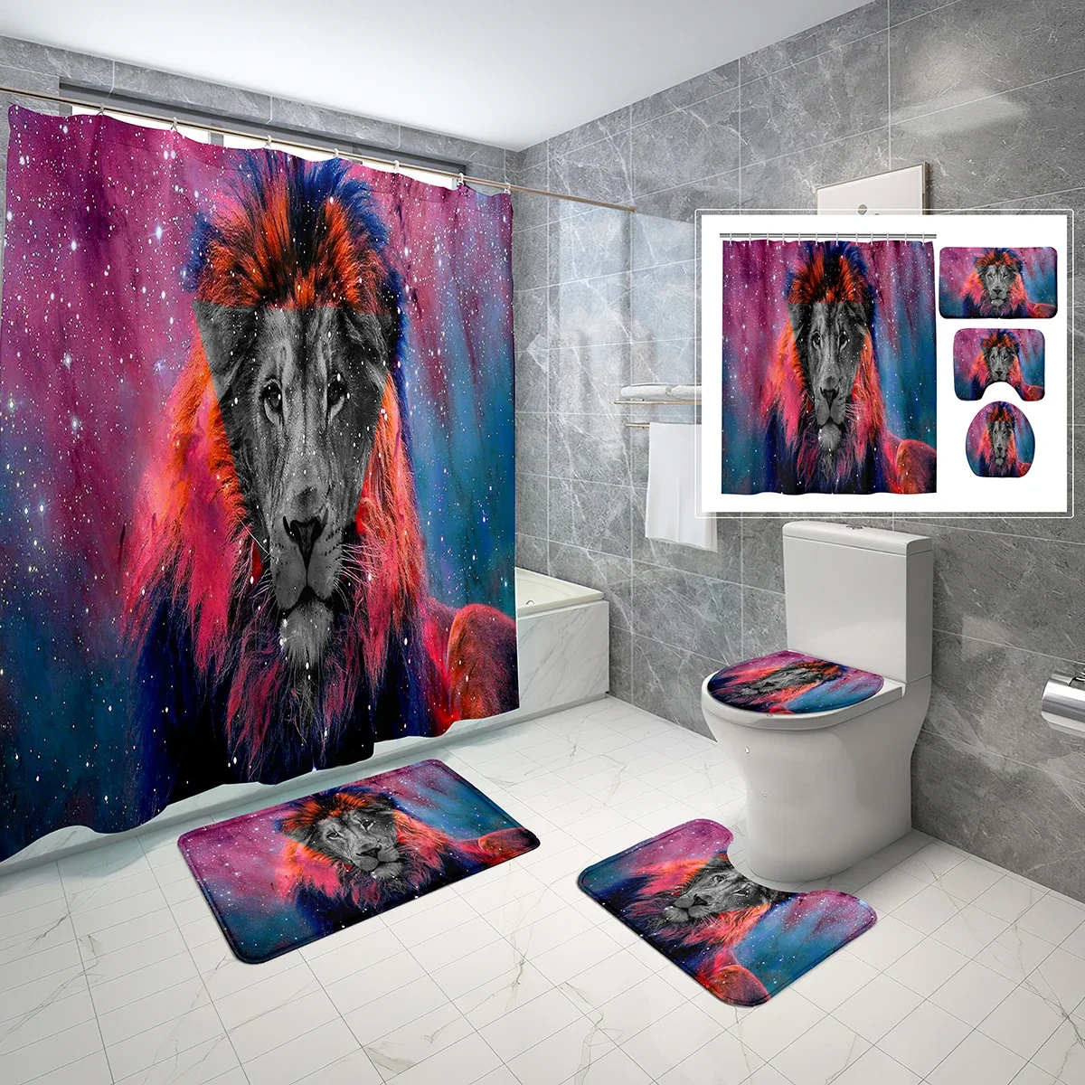 

4 Sets Fantasy Lion Shower Curtain Sets with Non-Slip Bath Mat,Toilet Lid Cover and Colorful Art Wild Animal Shower Curtain Set