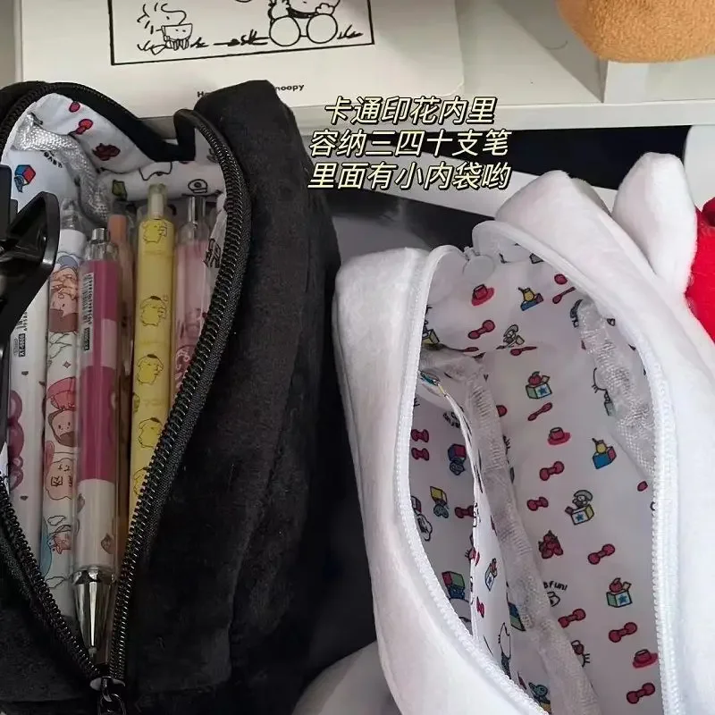 Sanrio-Bolsa de felpa para bolígrafos, bolsa de cosméticos de dibujos animados de Hello Kitty, bolsas de almacenamiento de papelería para