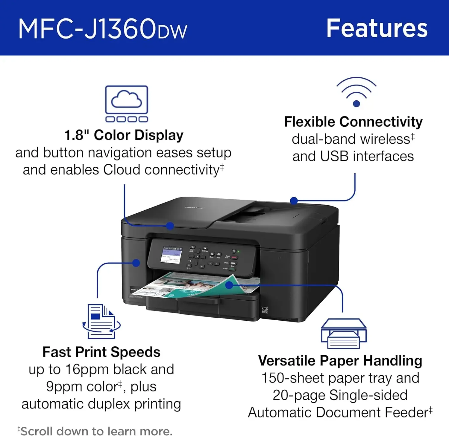Work Smart 1360 Wireless Color Inkjet All-in-One Printer with Automatic Duplex Printing and 1.8” Color Display Includes Refresh