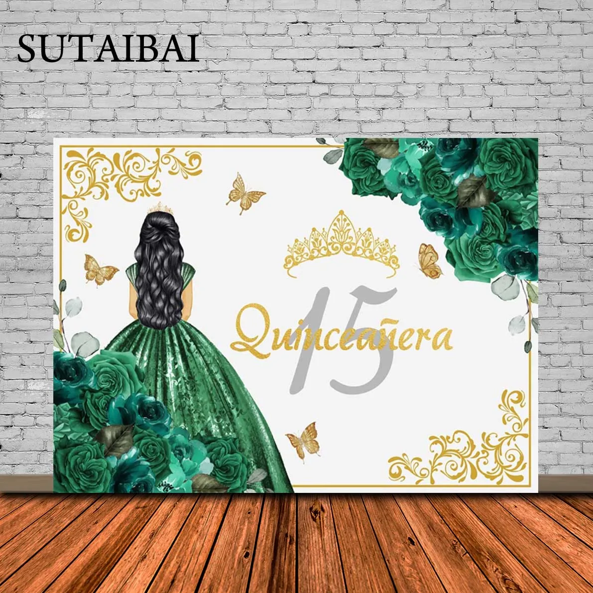 Fondo de quinceañera Mis Quince 15 Anos decoraciones de fiesta de cumpleaños para niña princesa verde esmeralda Floral corona dorada mariposa