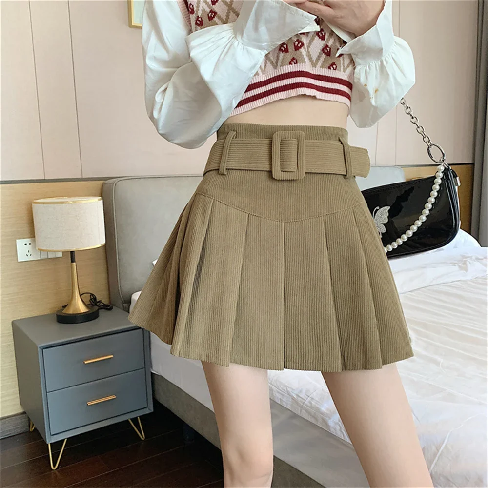 Herbst Frühling Hohe Taille Mode Neue Plissee Adrette Koreanische Style2025Cord Mini Röcke Frauen mit Schärpen Sexy Nette Solide