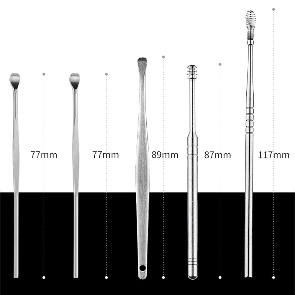 Recogedores de cera de acero inoxidable para los oídos, limpiador de cureta, cuchara para el cuidado de los oídos, herramienta de limpieza, 5 unidades por juego