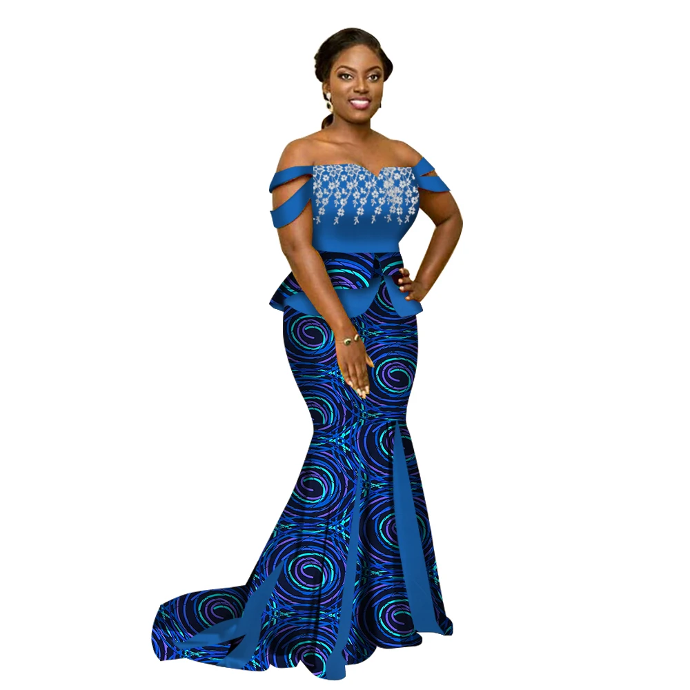 Summer Africa Style Two Piece Skirt Set Dashiki Elegant Africa Clothing Sexy Crop Top and Skirt Women Sets for Wedding WY3226