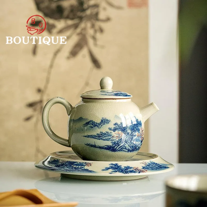 320ml Handemade Old Pottery Mud Teapot Zen Blue and White Pot Household Retro Jingdezhen Tea Soaking Kettle Teaset Decoration