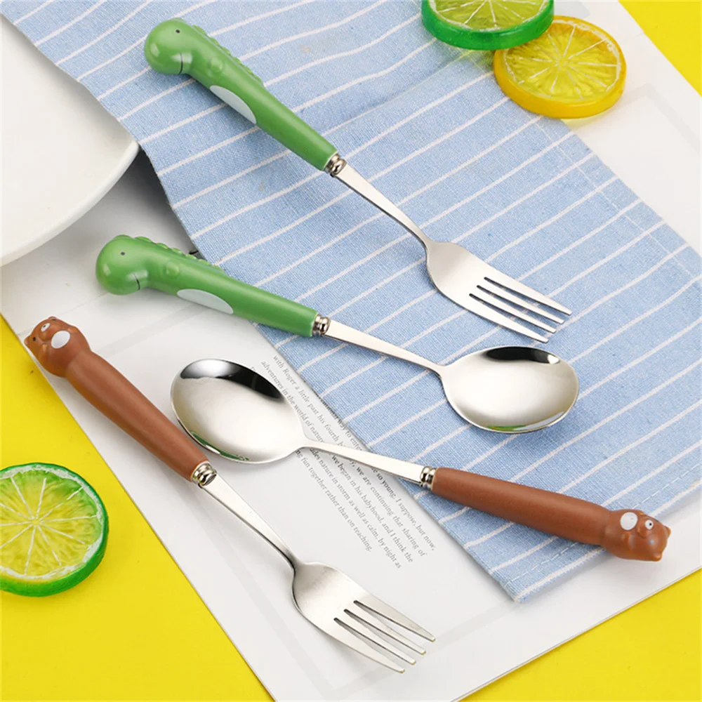 Portable Children's Tableware Creative Cartoon Complementary Food Feeding Spoon Stainless Steel Student Tableware Gift