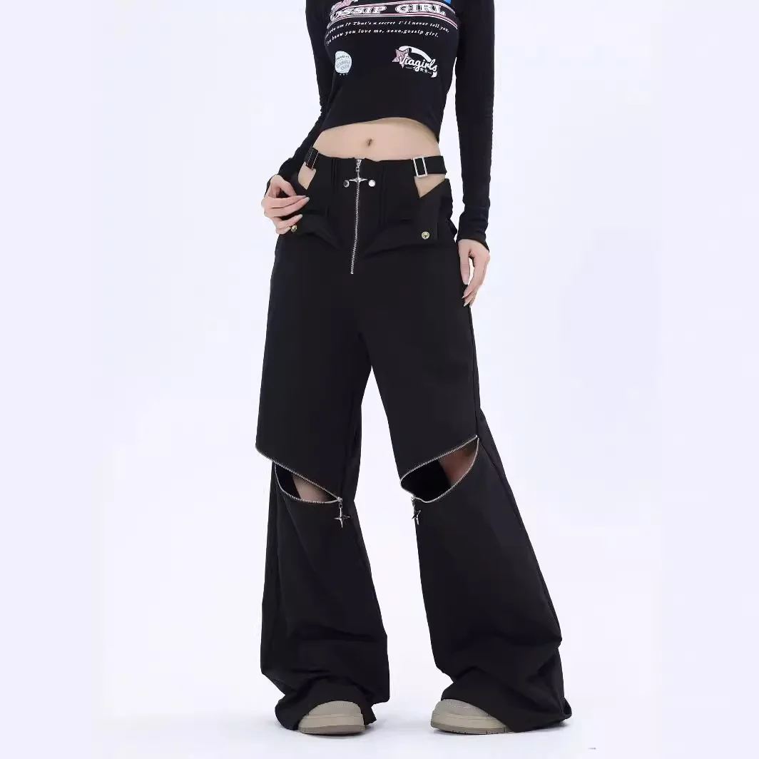 

Fashion Zipper Two Wear Design Casual Versatile Trousers American Individualized Spicy Girl Hollow Out Workwear Pants for Women