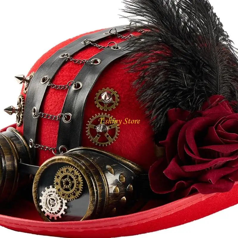 N58F Gothic Costume Hat With Goggles Gear Chain Rose Decors Gothic Headwear Magicians Hat For Cosplay Event Gathering Wear