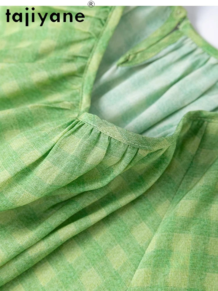 TAJIYANE 100% camisetas de seda Mulberry para mujer, camiseta verde con estampado a cuadros a la moda, camisetas holgadas de verano, ropa de mujer 2025 топы