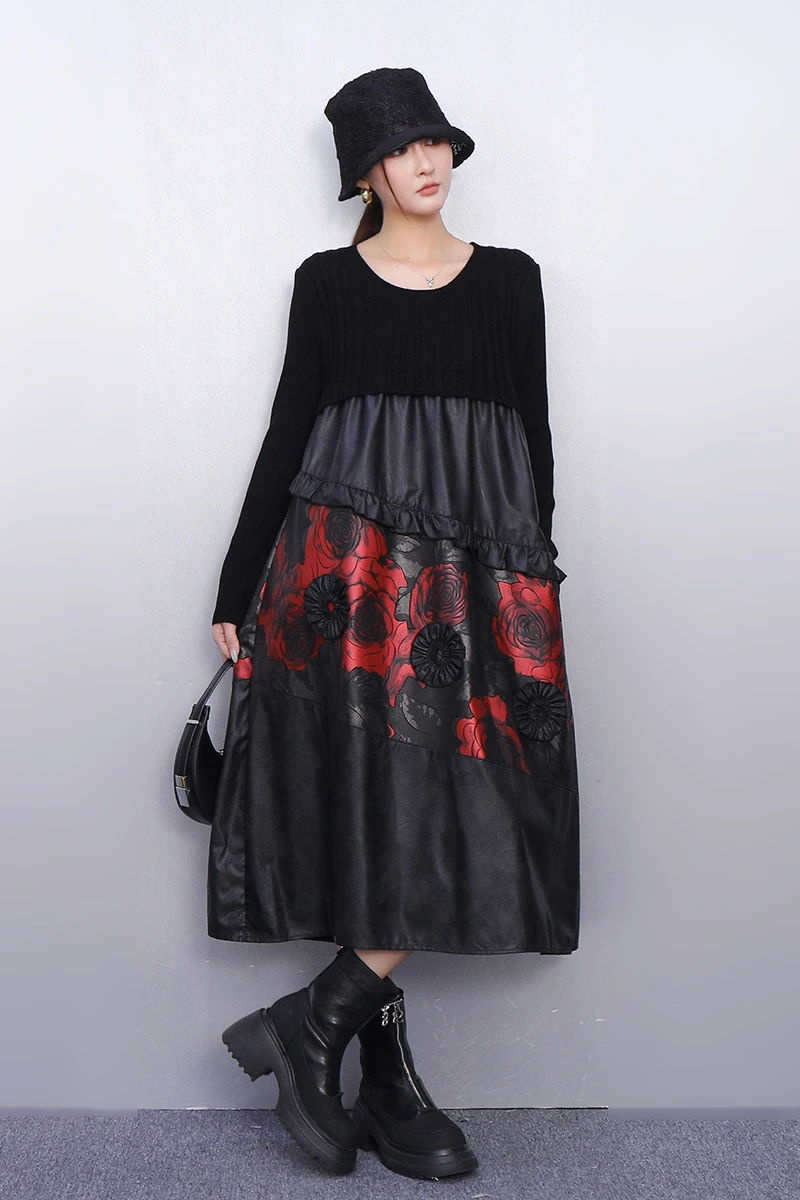 

Осень 2024, новые элегантные женские свободные трикотажные длинные платья из искусственной кожи с цветочным принтом, женское платье с длинным рукавом, оптовая продажа J2041