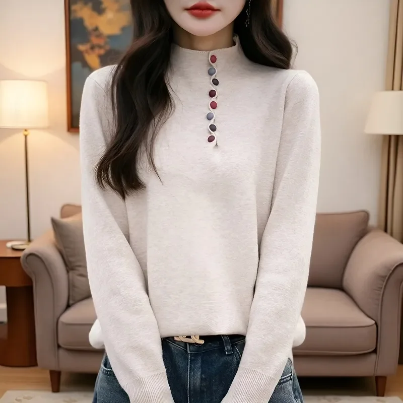 

Long Sleeve Knitted Sweater for Autumn and Winter New Style Colorful Button Half High Collar Loose Base Layer Fashion Stylish