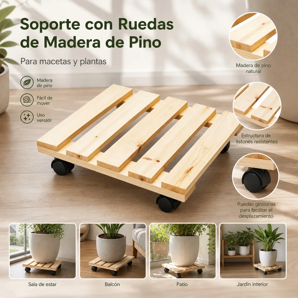 Support de pot de plante en bois de pin naturel avec roulettes, base carrée 30x30x7cm pour plantes d'intérieur et d'extérieur, chariot avec roulettes pivotantes à 360 degrés et lattes robustes