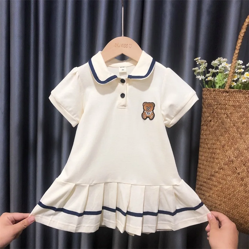 Summer Kids Clothes for Girls Dress Preppy Style Cartoon Bear Pleated Dress Baby Girls Cute Polo Dress Princess Dresses