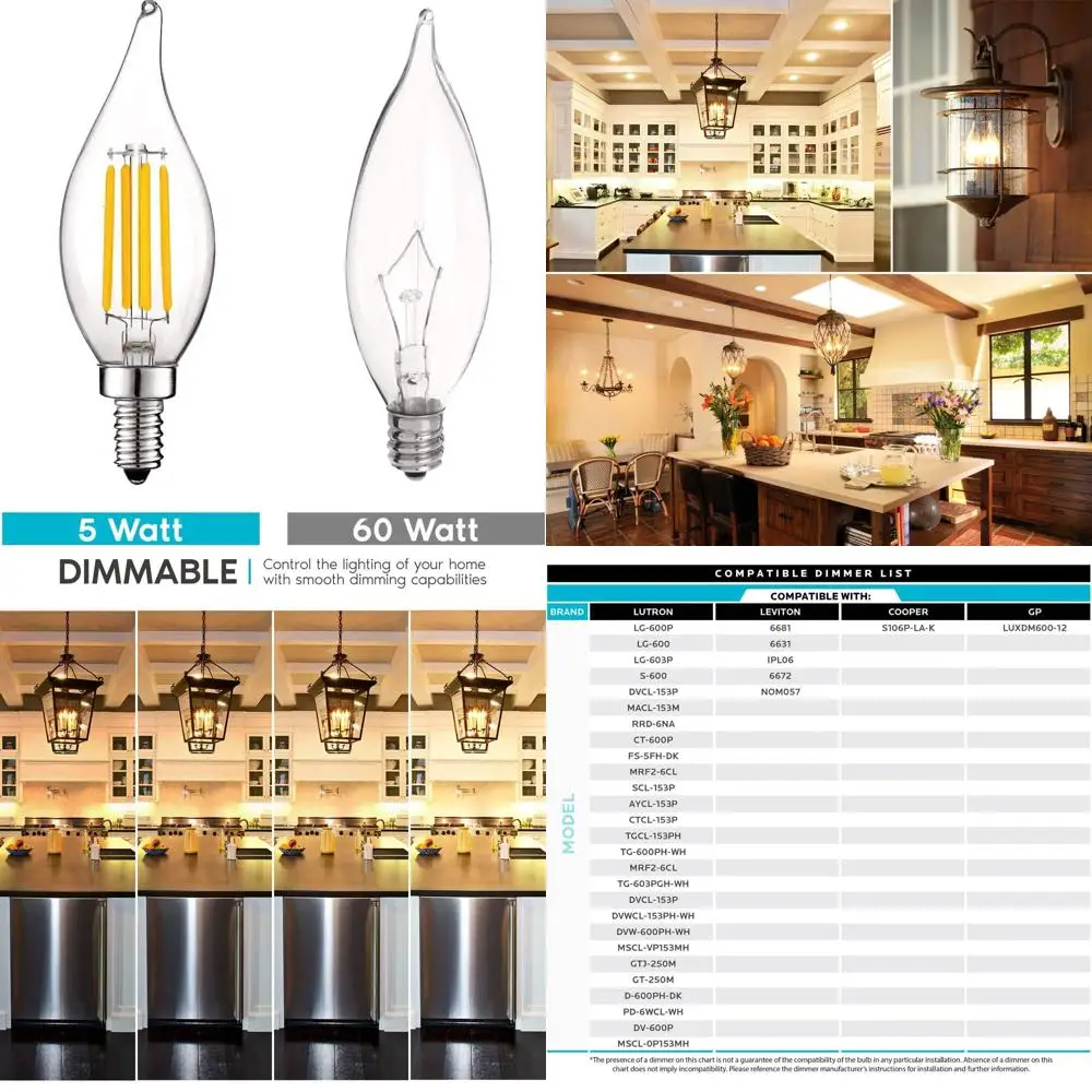 

60W Equivalent Vintage LED Candle Bulbs, 550 Lumens, Warm White, Dimmable, 12 Pack