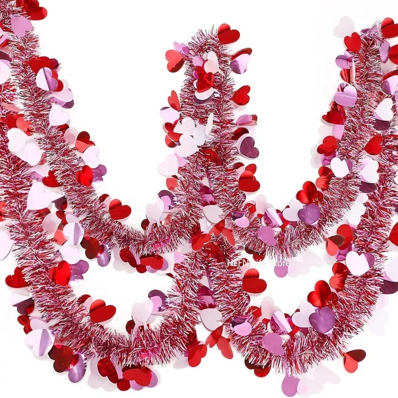 Valentines Day Red Pink Metallic Garland for Wedding Birthday Hanging Decor 2M Valentines Heart Tinsel Garland Decorations