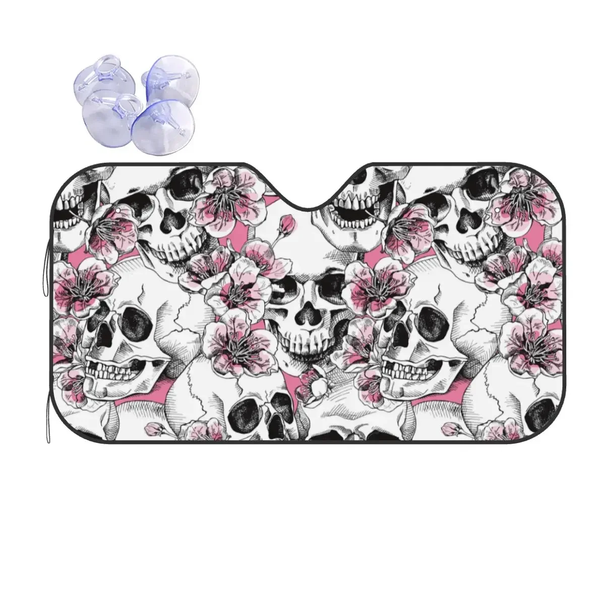 Para-brisa lindo com estampa floral de caveira, 76x140cm, lâminas de cereja rosa, acessórios para sombrinha de carro, capas