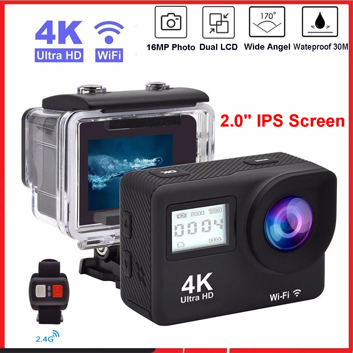 

4K Ultra HD Action Camera Double LCD 2" IPS Wi-F 16MP DVR Webcam 30M Waterproof Sport DV Helmet Video Camera With Remote Control