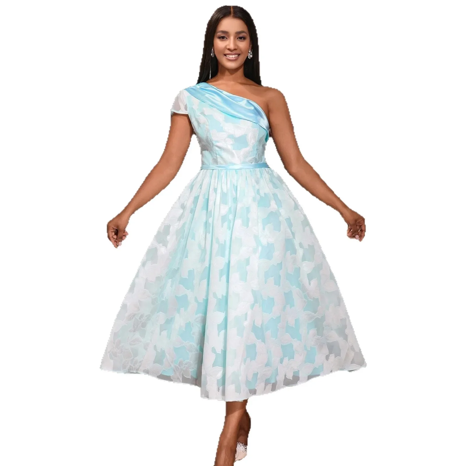 

Elegant One Shoulder Midi Dress Sleeveless LightBlue Print Satin Fabric Belted Waist A Line Ideal for Bridal Shower Garden Party