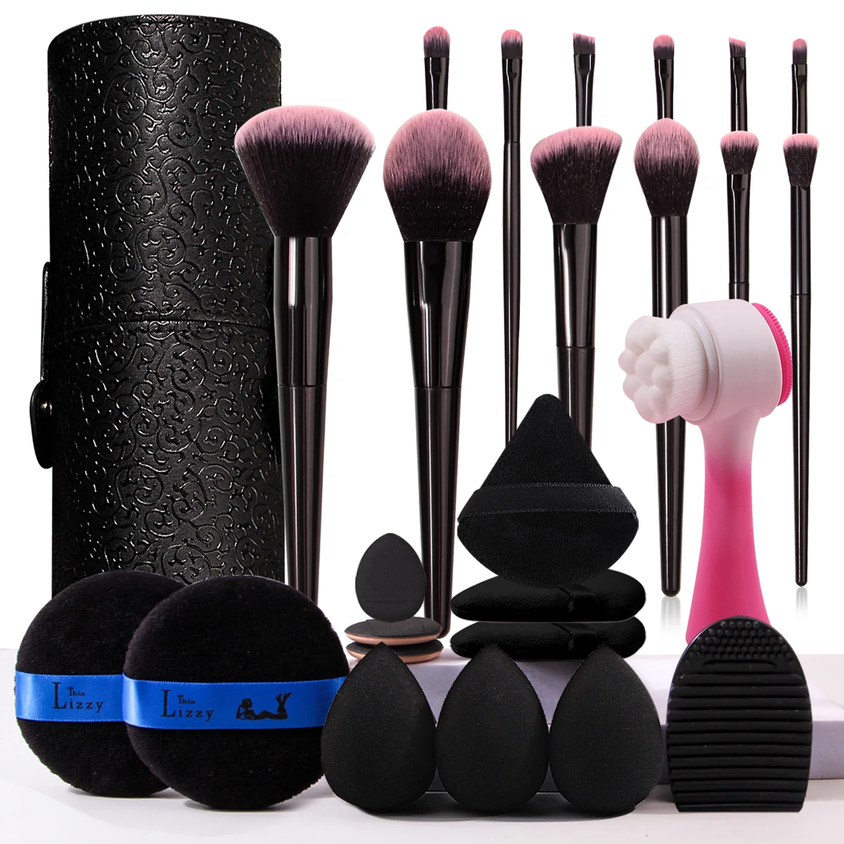 26 pièces ensemble combinaison 12 pièces ensemble de pinceaux de maquillage + 11 pièces ensemble d'éponges + 1 outil de lavage + 1 pièces brosse pour le visage douce + 1 seau de rangement