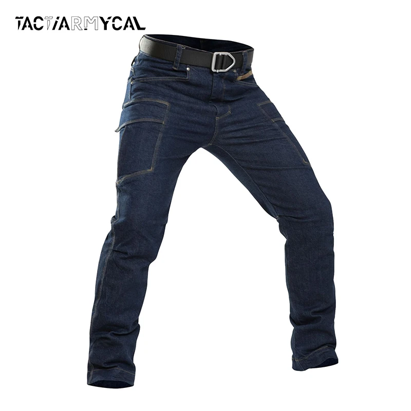 Casual Men Jeans Multi Pocket Cargo Pants Tactical Stretch Men\'s Denim Jeans Blue Black Trousers Fashion Side Pockets Overalls