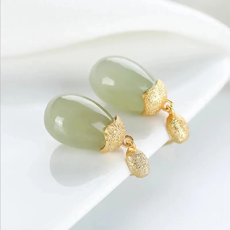 Original new enamel porcelain inlaid drop-shaped Hetian jade earrings Chinese style elegant temperament ladies jewelry