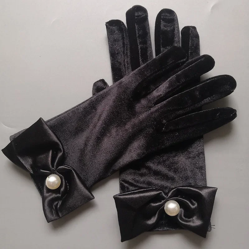 Guantes de boda para mujer con perlas, color negro, hasta la muñeca, con lazo, para fiesta de té, guantes de ópera para novias