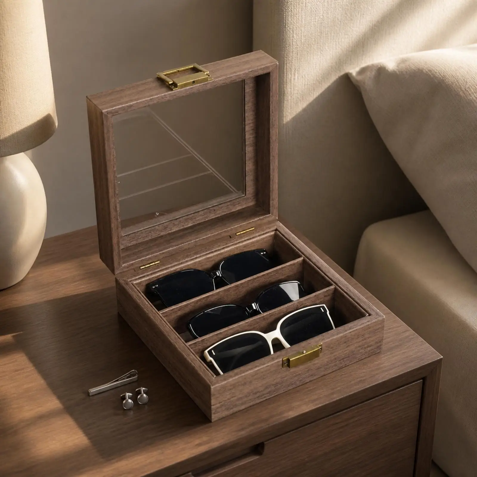 Sturdy Leather Jewelry Organizer Box with Hinged Glass Display Lid for Necklaces Earrings Rings Bracelets Vanity Desk Closet