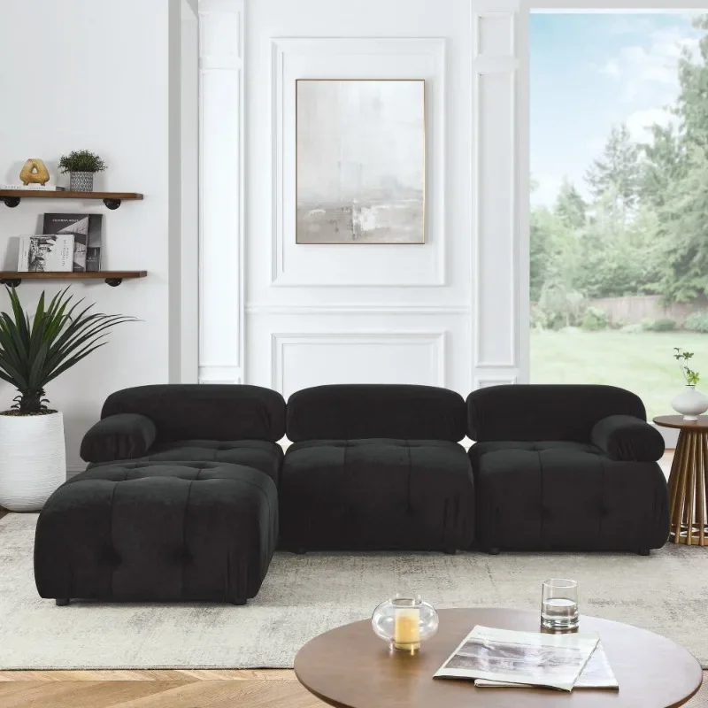 

Modular Sectional Sofa Button Tufted Designed L Shaped Couch Reversible Ottoman Black Velvet Muebles Para El Hogar Furnitures