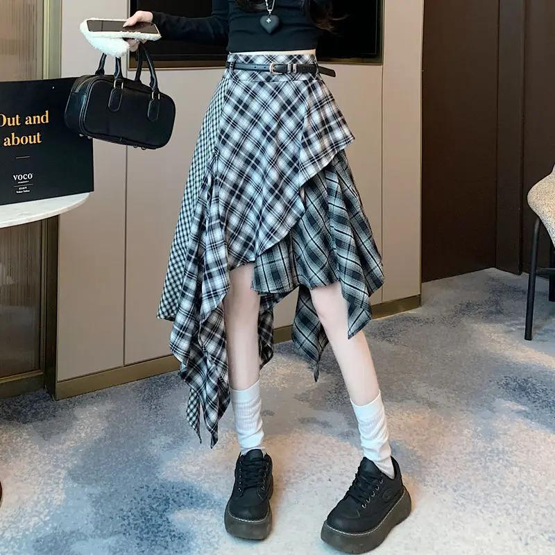 

Ретро-юбка миди А-силуэта в клетку с цветовыми блоками, женская, весенняя новинка, с высокой талией, универсальная, для всех девушек, клетчатая юбка