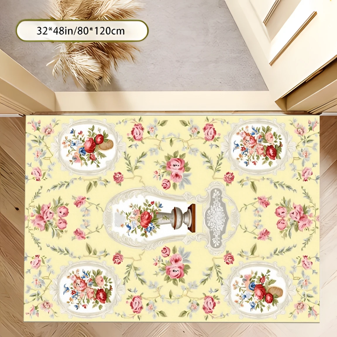 2D Large Rug with Warm Yellow Background and Pink Rose Bouquet Pattern, French Retro Style, Suitable for Living Room, Bedroom, and under Coffee Table, Instantly Refreshes Autumn and Winter Decorations