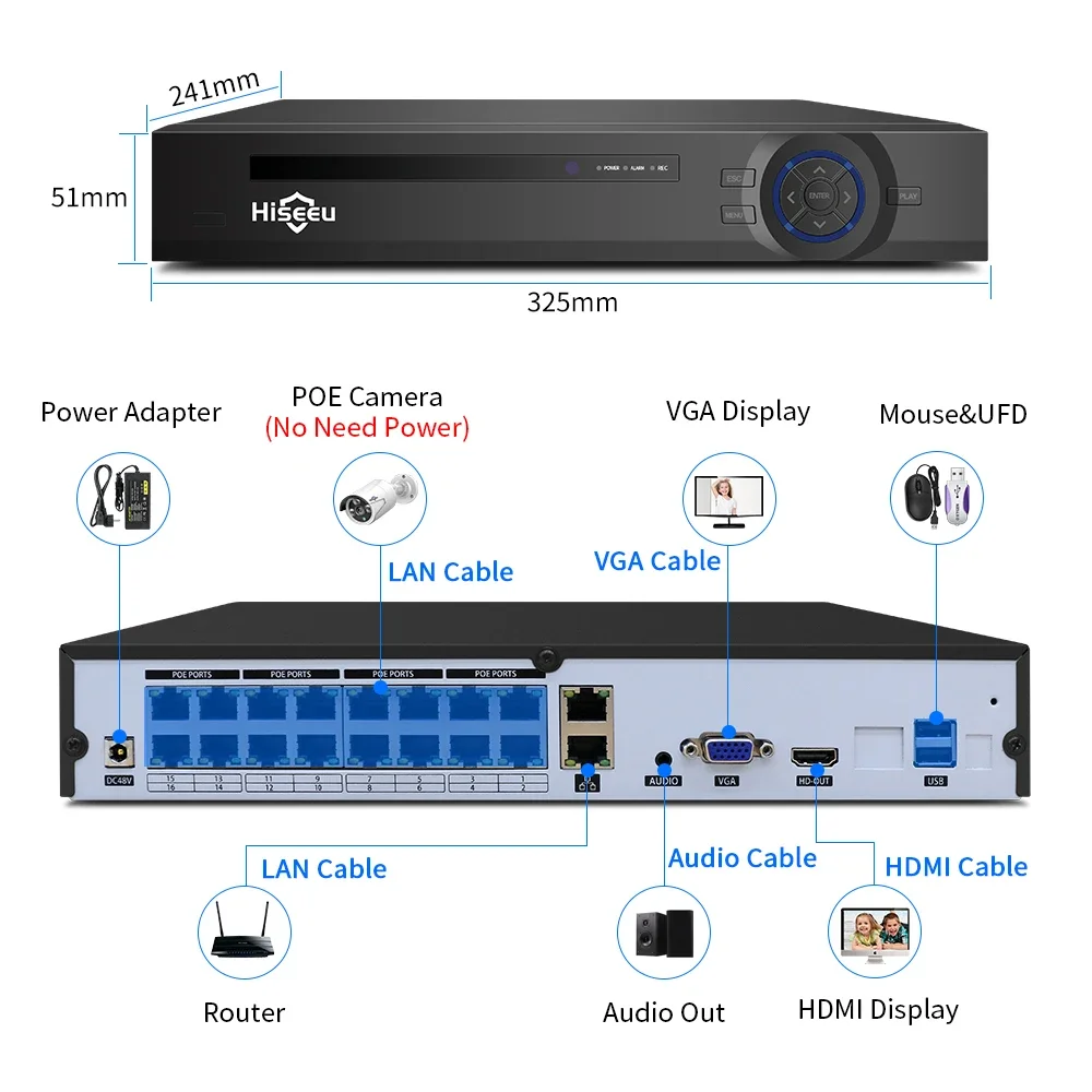 

Hiseeu POE NVR 16CH 4K H.265 Surveillance Security Video Recorder IP POE NVR for Ip Camera 1080P/3MP/4MP/5MP/8MP/4K