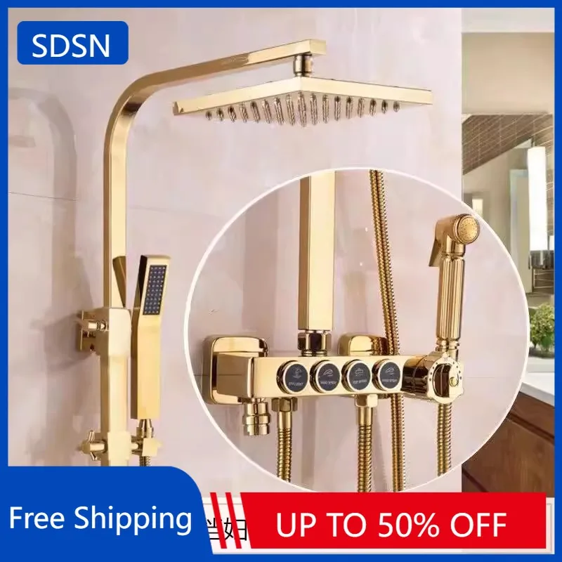 

Gold Thermostatic Bathroom Shower Set Quality Brass Hot Cold Bathrooom Faucet Accessories Rainfall Bathroom Shower System Head