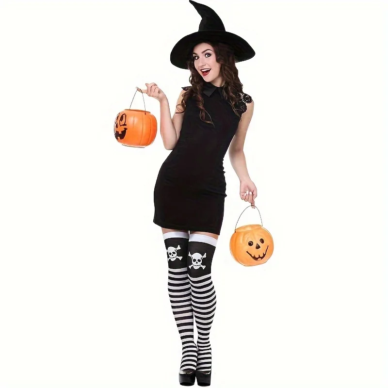 Gothic Overknee-Strümpfe, gestreifte Schnürstrümpfe mit Totenkopf-Kreuzmuster für Halloween, Cosplay, Party, Punk, Gothic-Alltagskleidung – Detail 5