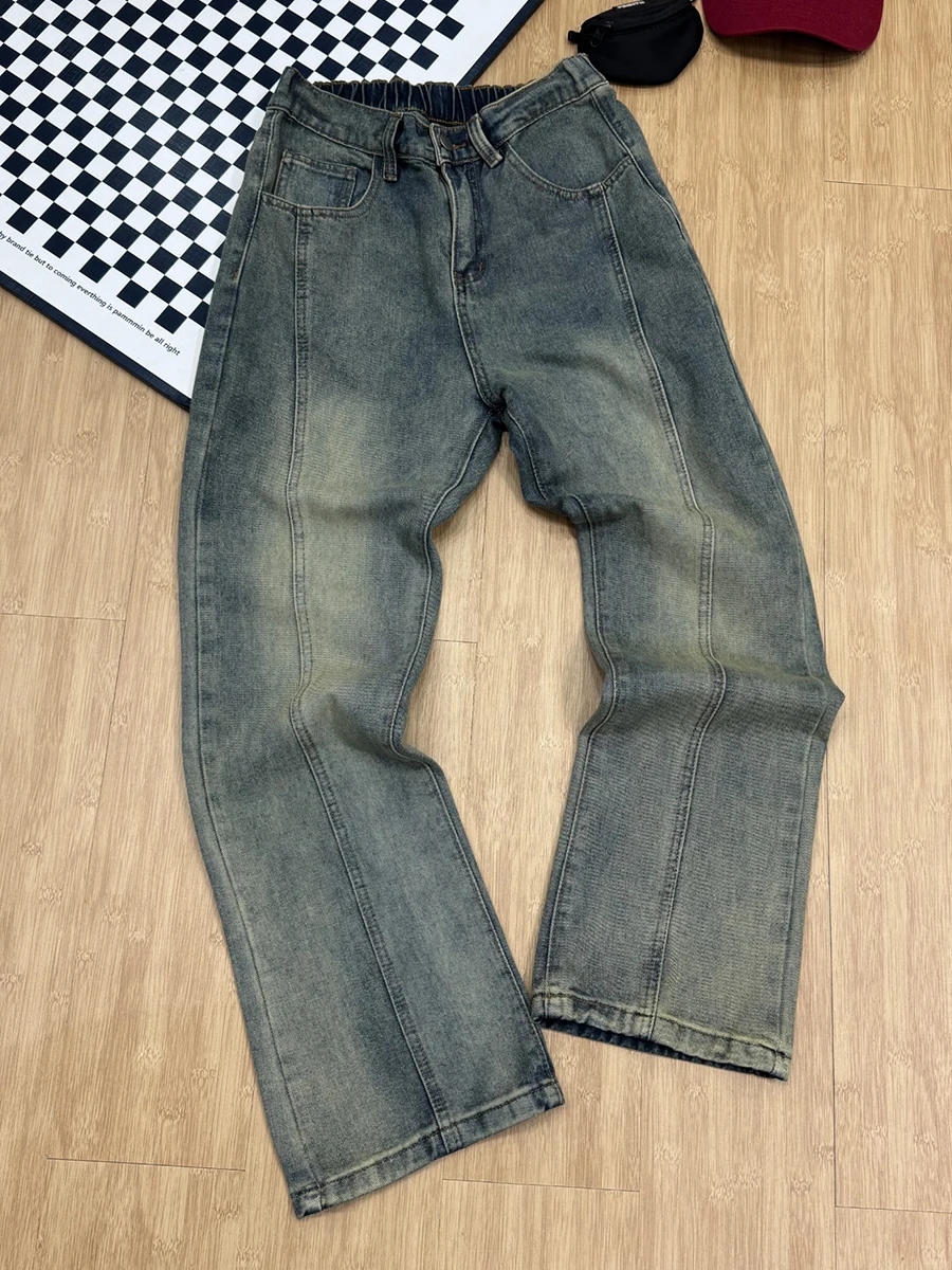 

Blue Patchwork Men's Jeans Spring Autumn High Street Waed Knife Straight Leg Trousers Cleanfit Long Pants Loose Fit Stand