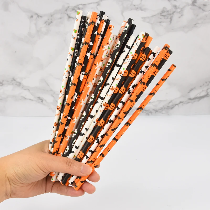 25/50pcs Halloween Paper Straws Pumpkin Bat Spider Ghost Pattern Drinking Straw Halloween Party Home Bar Decoration Supplies