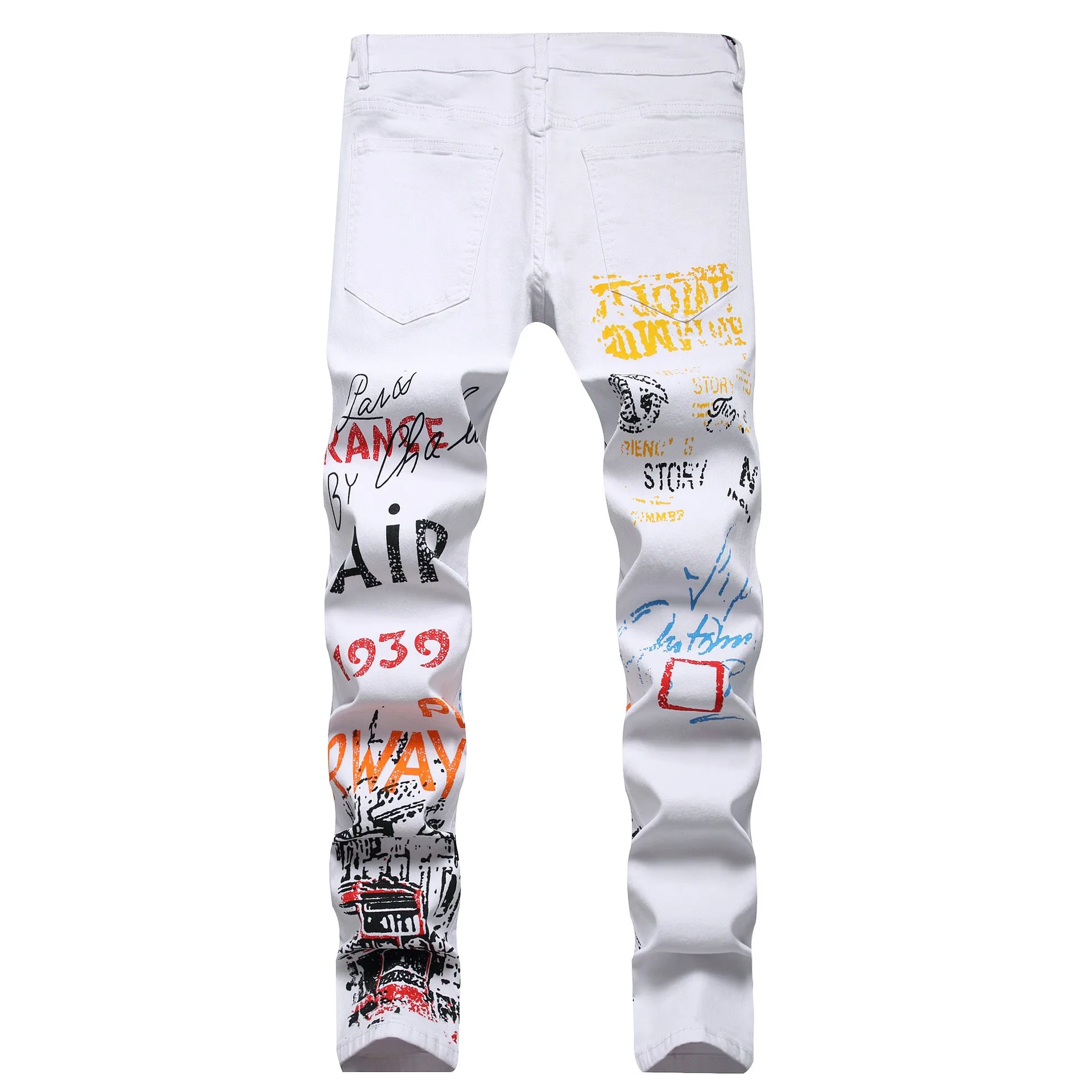 Calça jeans masculina com estampa de letras y2k, calça jeans slim stretch colorida pintada, calça jeans masculina graffiti punk