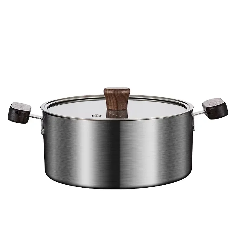 304 Stainless Steel Small Hot Pot with Wooden Handle Transparent Soup Pot Grid 16 18 20cm for Family Restaurant Cooking