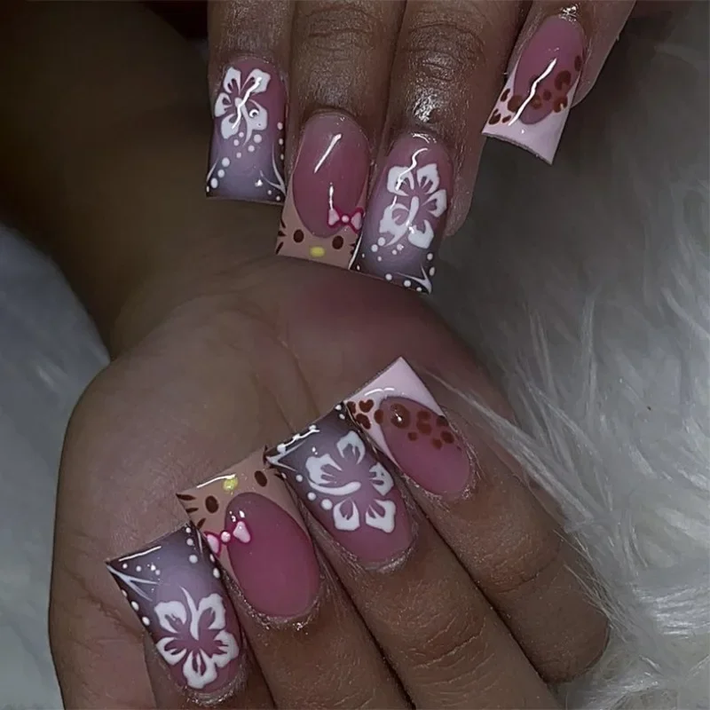 Francês doce rosa branco flores leopardo impressão quadrado unhas falsas arte prego falso charme ponta tempero menina imprensa em unhas manicure ferramenta